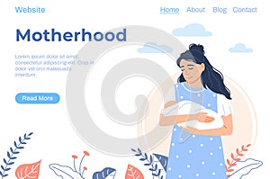 Motherhood landing page. Young Caucasian woman