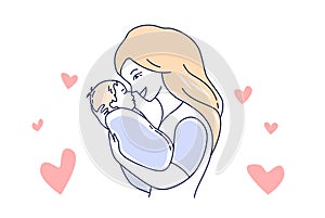 Motherhood. Mother love and child. Mom looking at the baby hand drawn style vector illustration