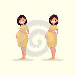 Motherhood. Pregnant woman posing. Happy expectant mother. Vector illustration