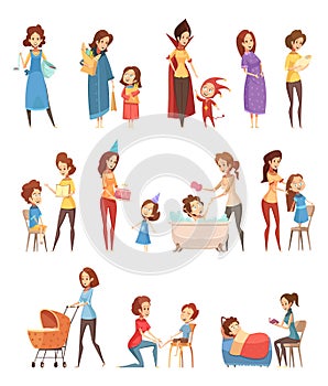 Motherhood Retro Cartoon Icons Set