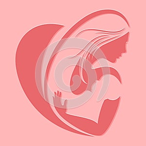 Motherhood silhouette emblem on pink background