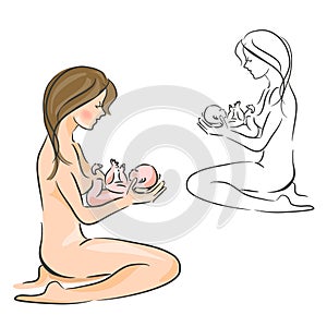 Motherhood, a sketch of mother and baby