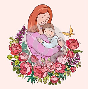 Motherhood vector illustration. Color drawing for motherday. Mother and little baby