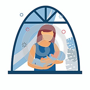 Motherhood. Woman with a baby in her arms near window. Breastfeeding Infant. Baby boy. Flat illustration