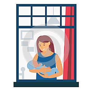 Motherhood. Woman with a baby in her arms near window. Breastfeeding Infant. Baby boy. Flat isolation isolated on a white backgrou