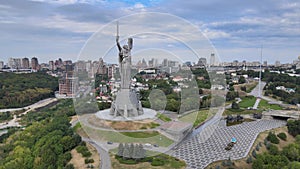 Motherland Monument in Kyiv, Ukraine by day. Aerial view