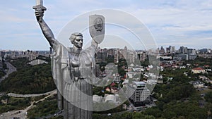 Motherland Monument in Kyiv, Ukraine by day. Aerial view