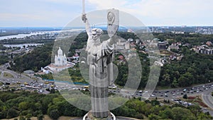 Motherland Monument in Kyiv, Ukraine by day. Aerial view