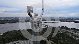 Motherland Monument in Kyiv, Ukraine by day. Aerial view