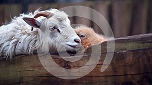 Motherly Love: A Goat and Her Kid Snuggle in Rustic Pen