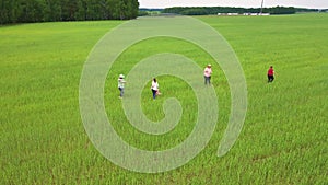 Mothers blow bubbles in the field, happy children catch them.