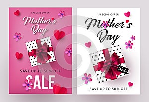 Mothers Day sale banners and flyers design set with beautiful gift box, paper hearts and flowers photo