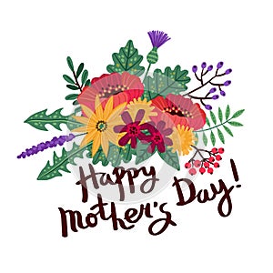 Mothers day background with hand written text Happy Mothers Day and a bouquet of flowers and leaves. Vector illustration
