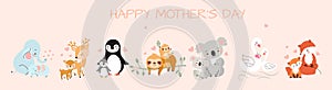 Mothers day banner with cartoon baby and mother animals. Wild pair characters, cute koala sloth penguin. Mom and kid