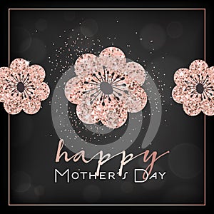 Mothers Day Banner Template with Golden Glitter Flowers. Mother Day Greeting Card Calligraphy Design with Glowing Elements Flyer