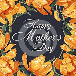 `Mothers Day` banner template with yellow tulips flowers and leaves.