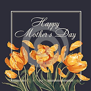 `Mothers Day` banner template with yellow tulips flowers and leaves.