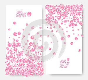 Mothers Day banners set of vertical concept design cards with scattered Rose petals and greeting inscription. Isolated. Vector