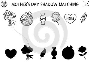 Mothers day black and white shadow matching activity for children with presents. Fun spring line coloring page. Family love game