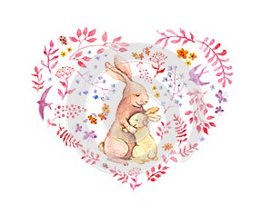 Mothers day card with heart - mother rabbit hugging her kid. Flowers, birds, butterflies. Watercolor