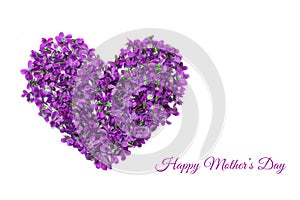 Mothers day card. Heart shape flowers. Violets love symbol isolated on white background. Template for greeting card, web