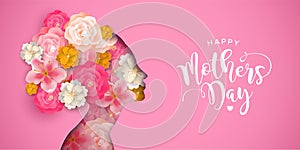 Mothers Day card of pink papercut mom and flowers