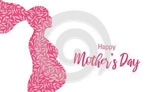 Mothers day card. Silhouette of pregnant woman made of leaves isolated on white