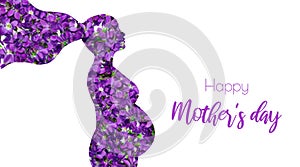 Mothers day card. Silhouette of pregnant woman made of violet flowers isolated on white