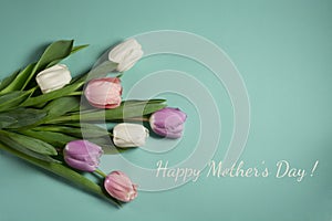 Mothers day card. Tulips white pink purple flowers on turquoise background