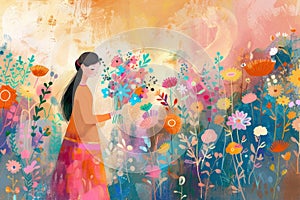 Mothers day celebration featuring a stylized mother figure receiving a bouquet of vibrant flowers