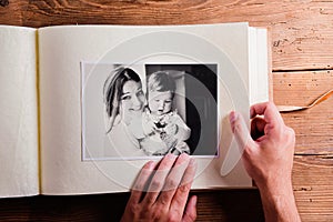 Mothers day composition. Photo album, black-and-white picture. W