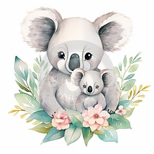 Mothers day concept, greeting card. Watercolor cute animals. Mommy koala with baby. Generative AI