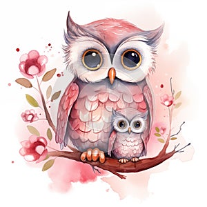 Mothers day concept, greeting card. Watercolor cute animals. Mommy pink owl with baby. Generative AI