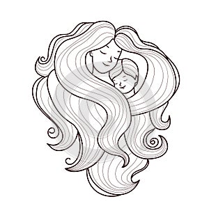 Mothers day concept.Line art style. Vector illustrartion.Mother and son.
