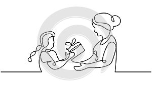 mothers day continuous one line drawing, a kid girl give a present to mom. Gift box is delivered to mother. Charity and love