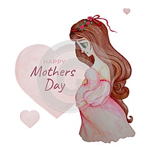 Mothers Day. Cute happy pregnant girl. A lovely future mother with long dark hair in pink dress hugs her belly with her