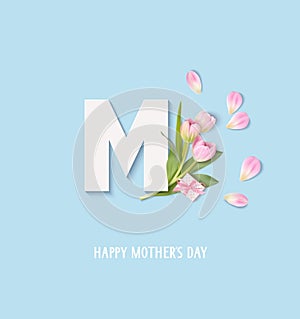 Mothers Day design template with white letter M, pink tulip bouquet, gift box and Happy Mother`s Day greeting text.