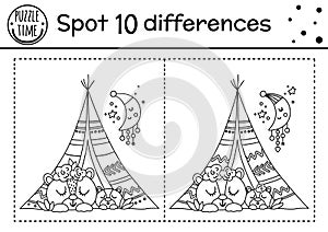 Mothers day find differences game for children with cute animals. Holiday black and white activity and coloring page with baby