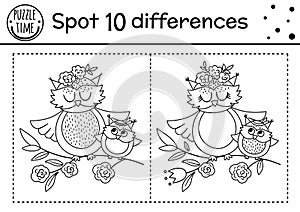 Mothers day find differences game for children with cute birds. Holiday black and white activity and coloring page with baby owl