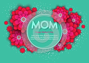 Mothers day flower card. International Happy Mother`s Day. Holiday 3d background of red paper flower on green backdrop with squar