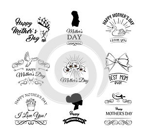 Mothers Day. Flower, swirls, womans silhouette, bow. Mother day set. Vector.