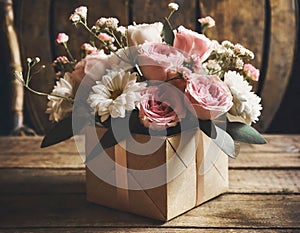 Mothers Day flowers in gift box on wooden background