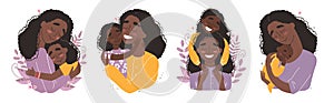 Mothers day greeting card, black african american mother hugs baby