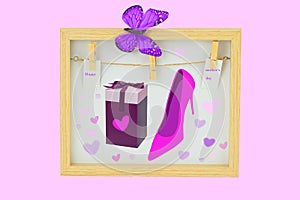 Mothers day greeting card. Decorative composition of wooden frame with present box, a pink high heeles shoe, a clothes line with