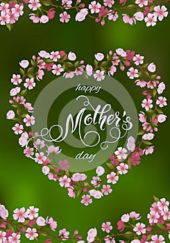 Mothers Day greeting card. Floral heart background, spring holidays.