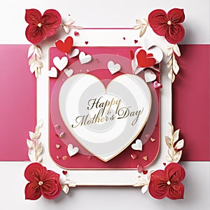 Mothers Day Greeting Card with Flowers and Gold Hearts