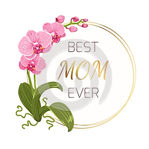 Mothers day greeting card pink orchid gold wreath