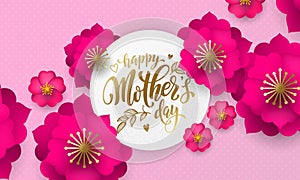 Mothers Day greeting card of red flower pattern and gold text on floral pink and red background for Mother Day holiday