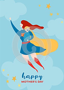 Mothers Day Greeting Card with Super Mom. Flying Superhero Mother with Baby Character in Red Cape Design for Mother Day Poster