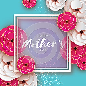 Mothers Day Greeting card. Women`s Day. Paper cut pink gold flower. Origami Beautiful bouquet. Square frame. text.